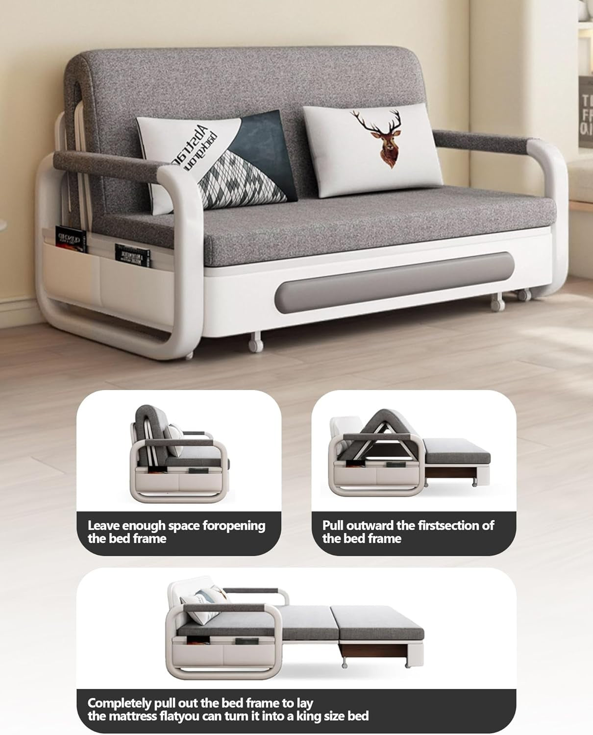 2 Seater Sofa Bed Grey Pull Out Double w/Storage Compact for Small Rooms