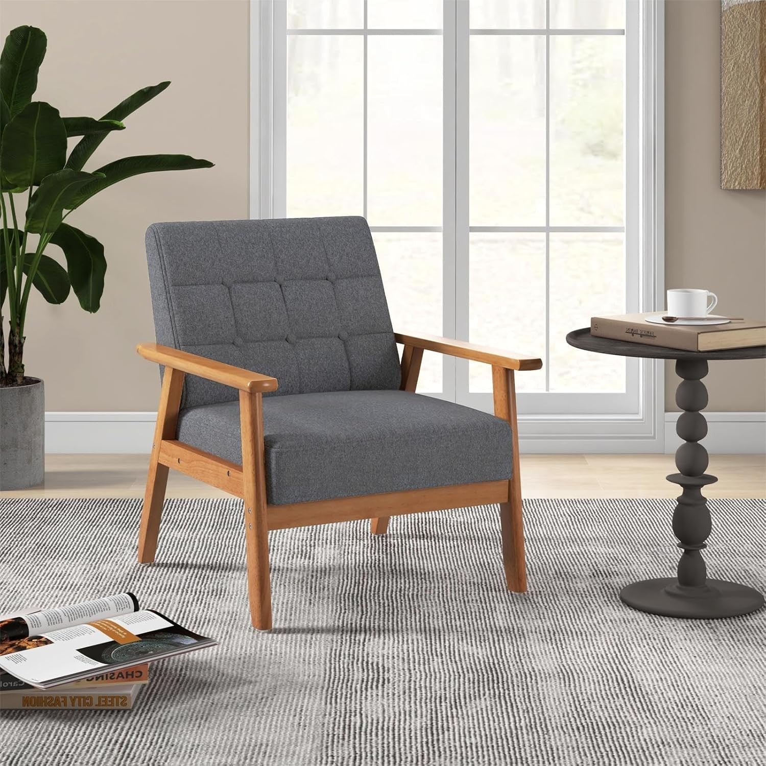 Button Tufted Accent Armchair Linen Lounge Chair Wood Frame