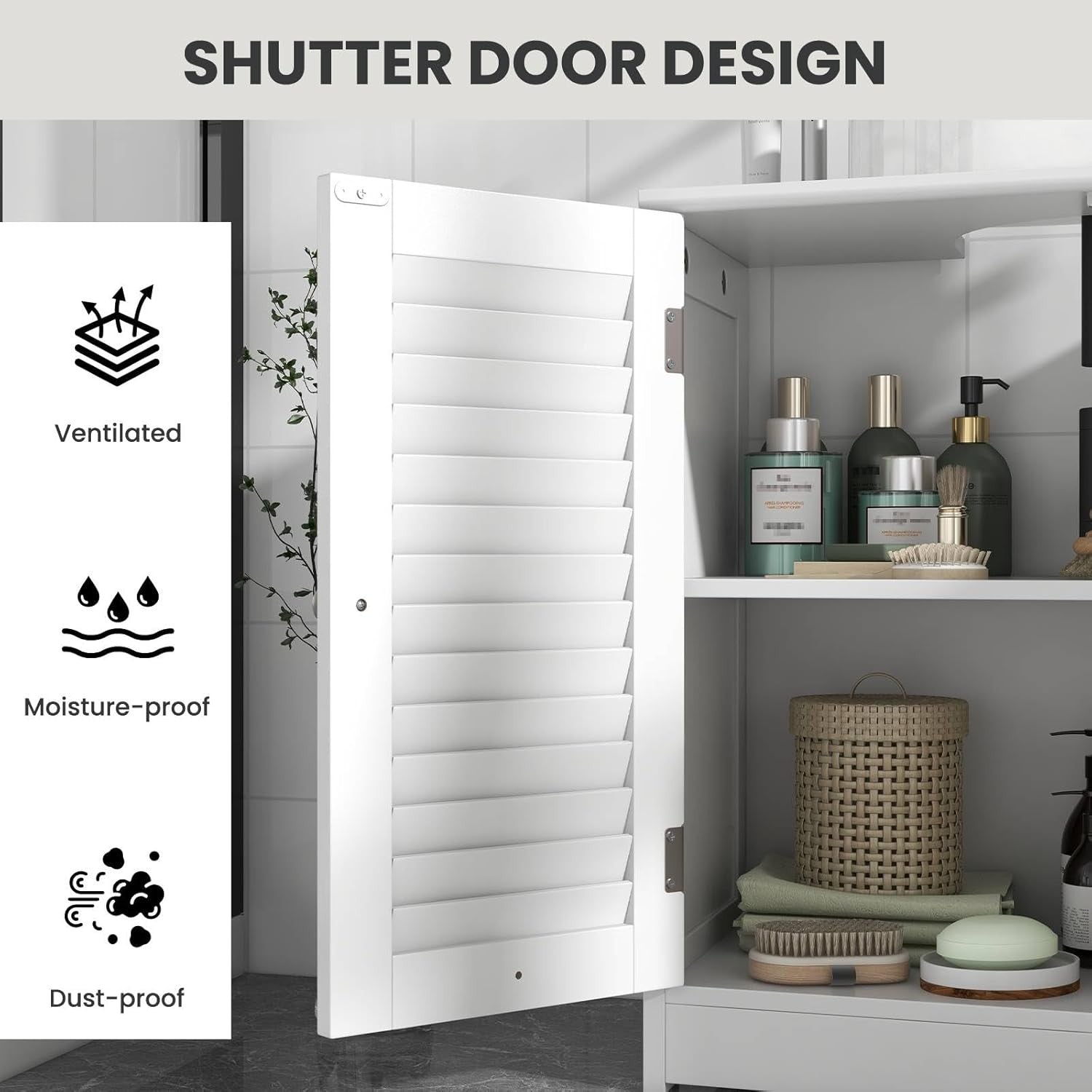 White Under Sink Bathroom Cabinet with Shutter Doors & Adjustable Storage Shelf