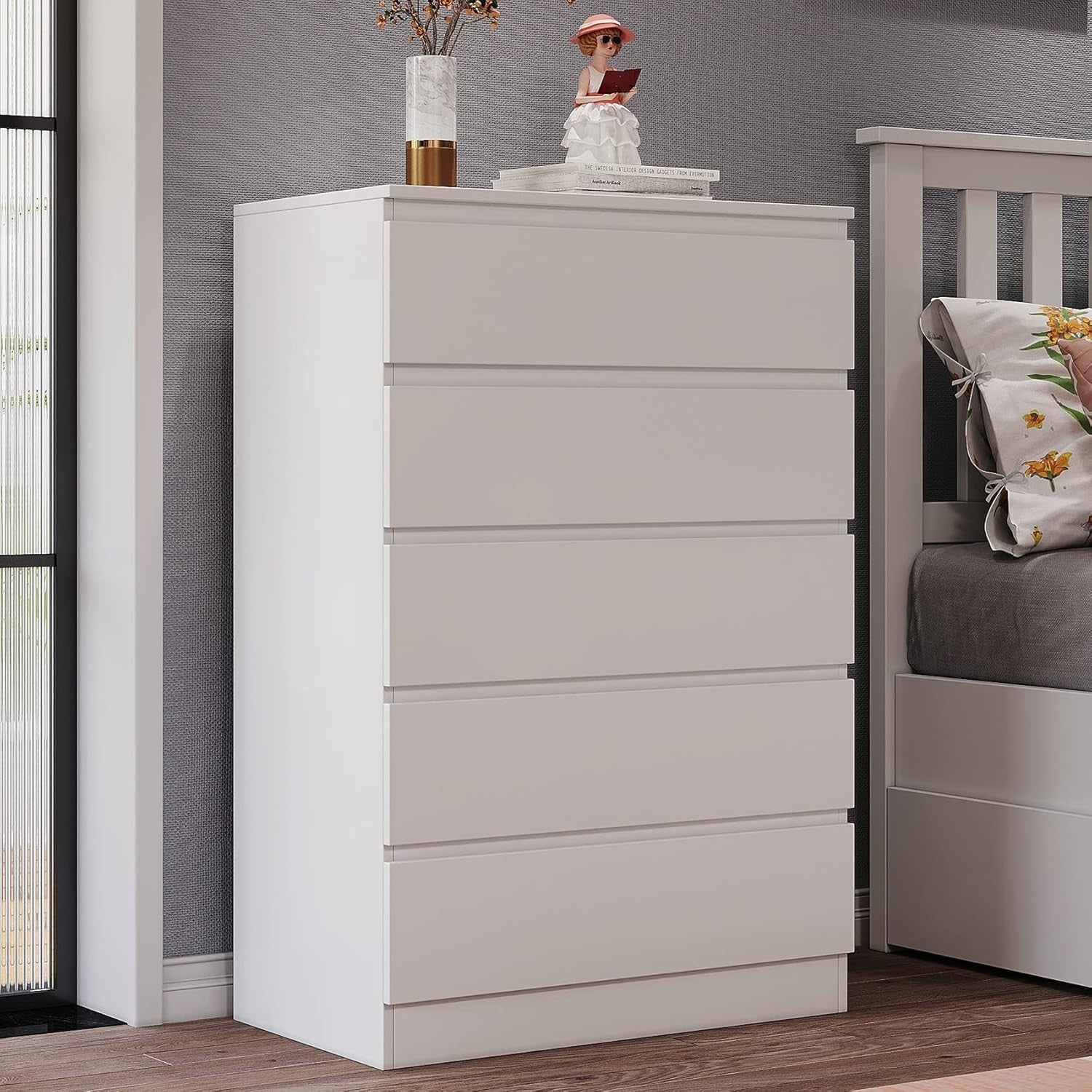 White 5 Drawer Chest | Tall Modern Storage Unit | Bedroom Office Cabinet