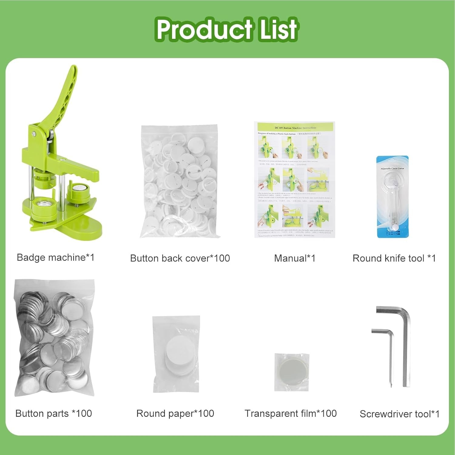 25mm Button Maker Machine DIY Pin Badge Press Kit 100pcs Cutter Tool