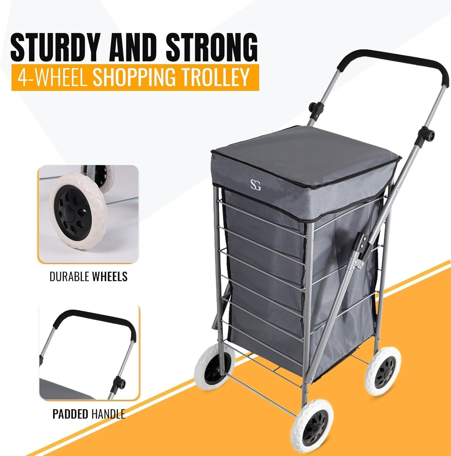 Foldable 4-Wheel Shopping Trolley Cart with Removable Bag - Heavy Duty Grey