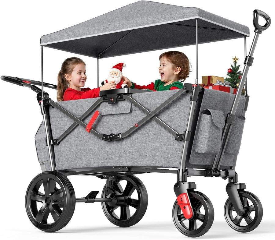 Stroller Wagon for 2 Kids with Seats & Canopy – Push Pull Cart w/ Harnesses