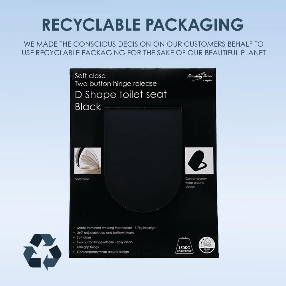 Black D-Shaped Toilet Seat Thermoplastic One Button Quick Release 45x36cm