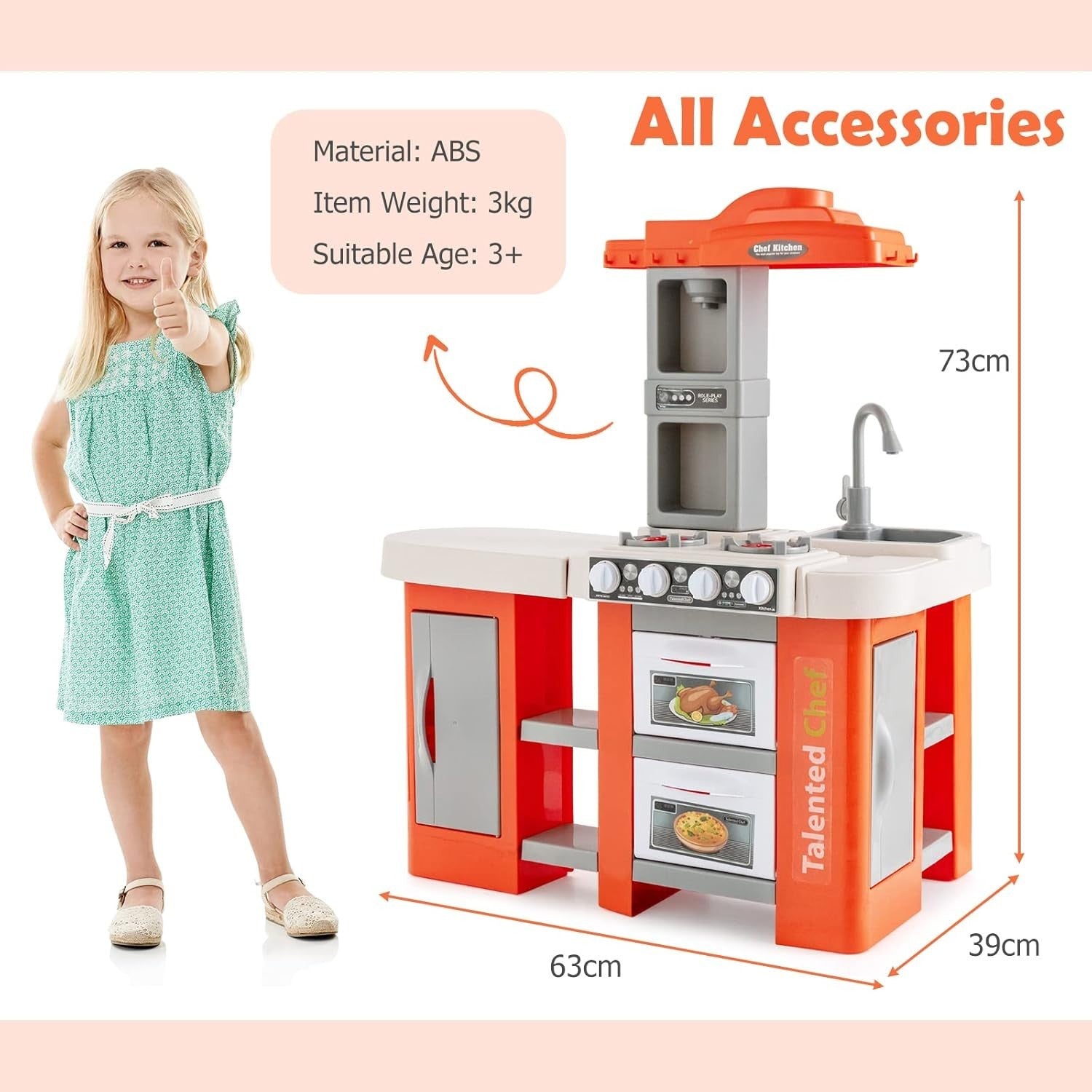 Kids Kitchen Playset w/ 67PCS Lights Sounds Steam Sink Orange