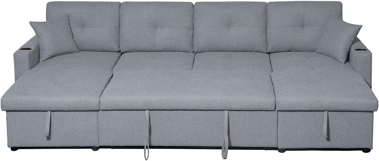 Grey Fabric U-Shaped 4 Seater Sofa Bed with Storage Ottoman & Pull-Out