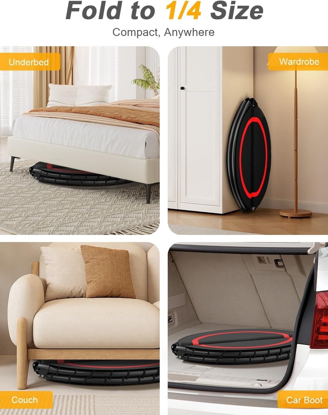 48” Foldable Fitness Trampoline Indoor Rebounder w Adjustable Handle 200KG