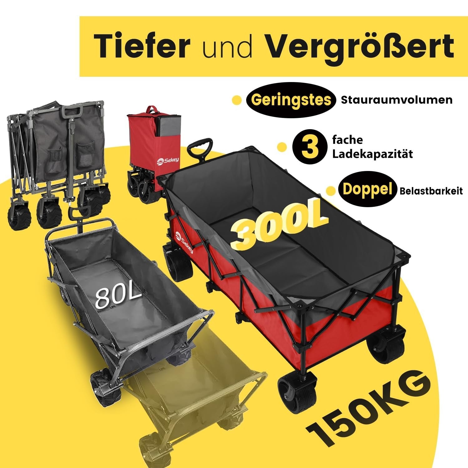 Red Grey Folding Handcart 300L Heavy Duty 200kg All-Terrain Wide Wheel