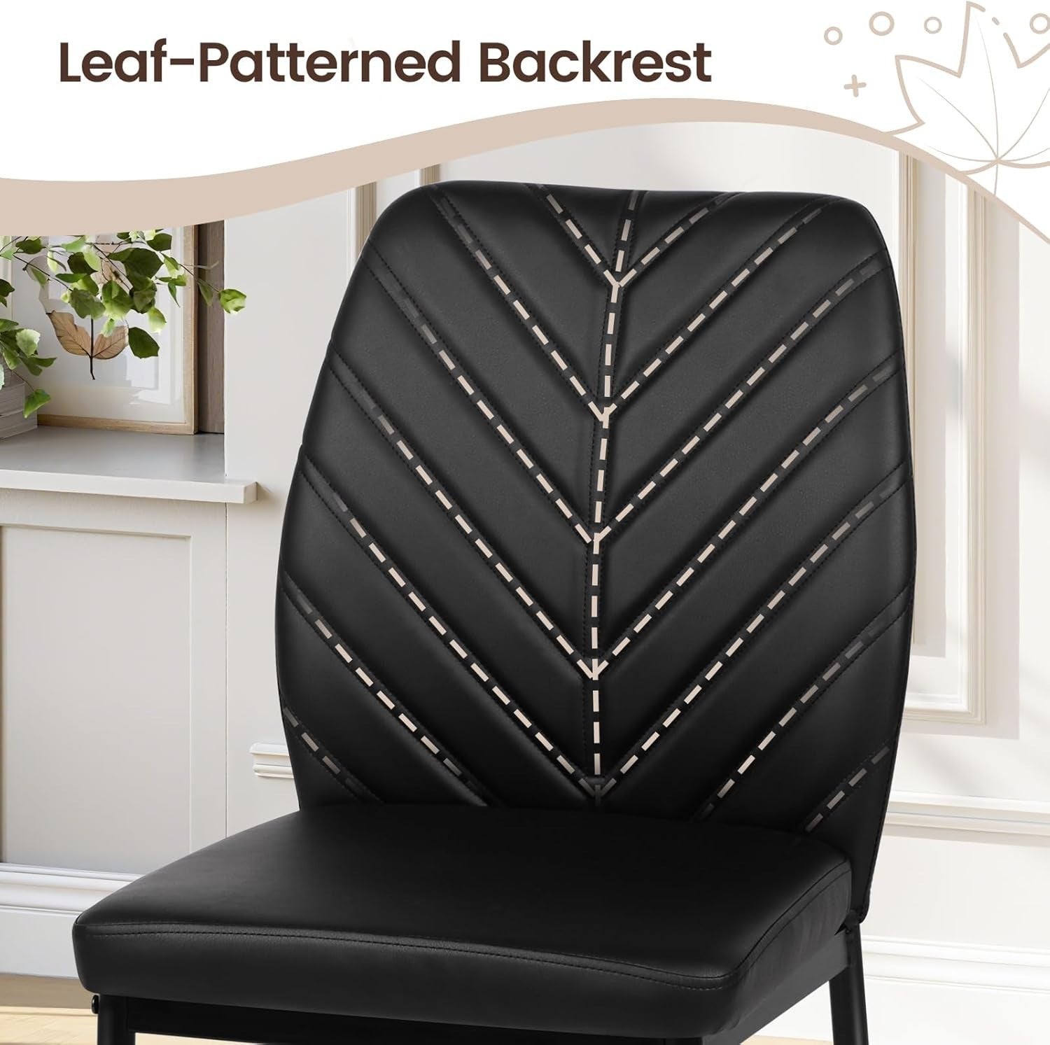 Modern Marble Dining Table Set 4 PU Chairs Black Leaf Pattern Kitchen