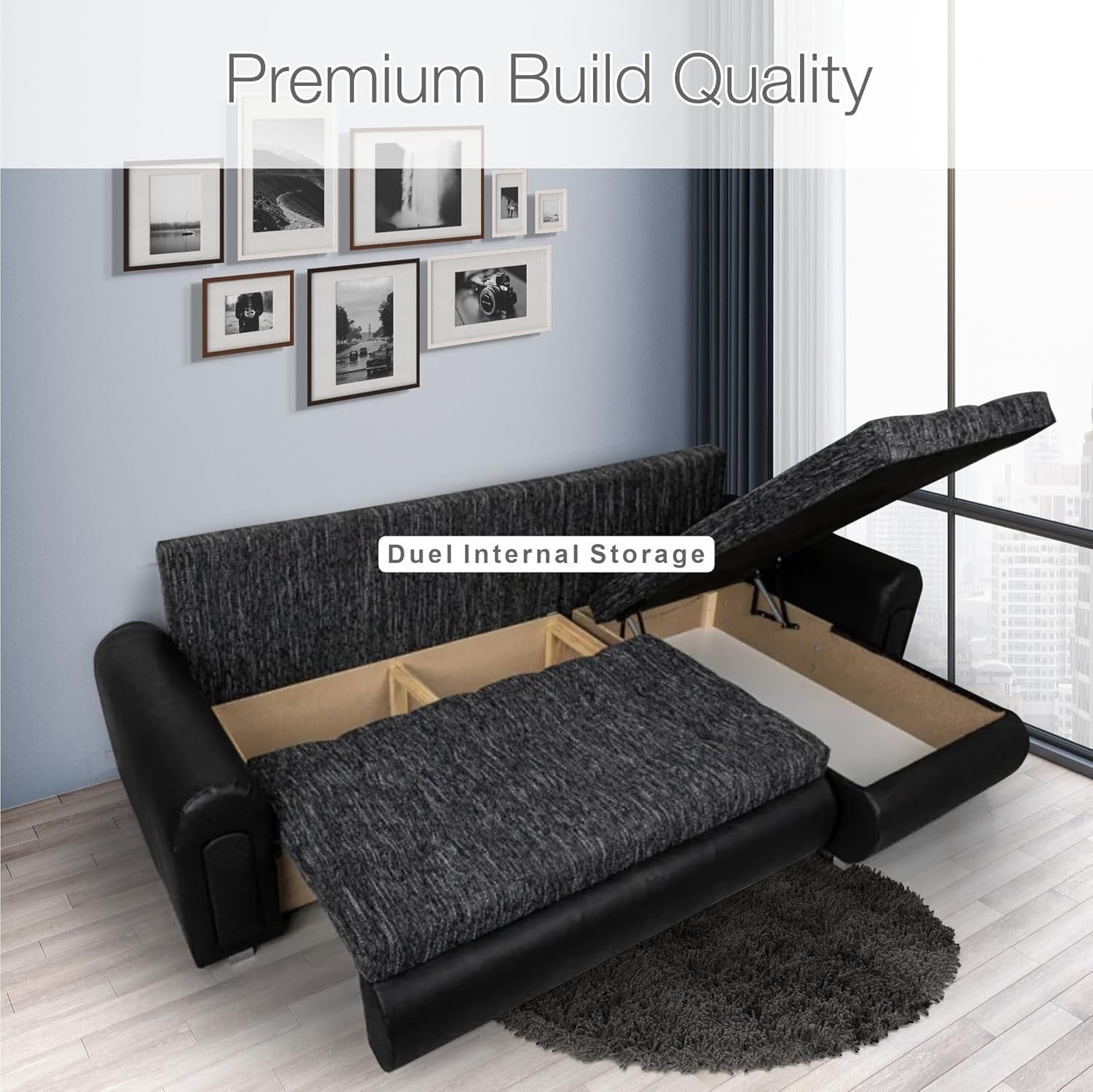 Charcoal L-Shape Velvet Sofa Bed w/ Storage & Pull-Out Sleeper 4 Seater