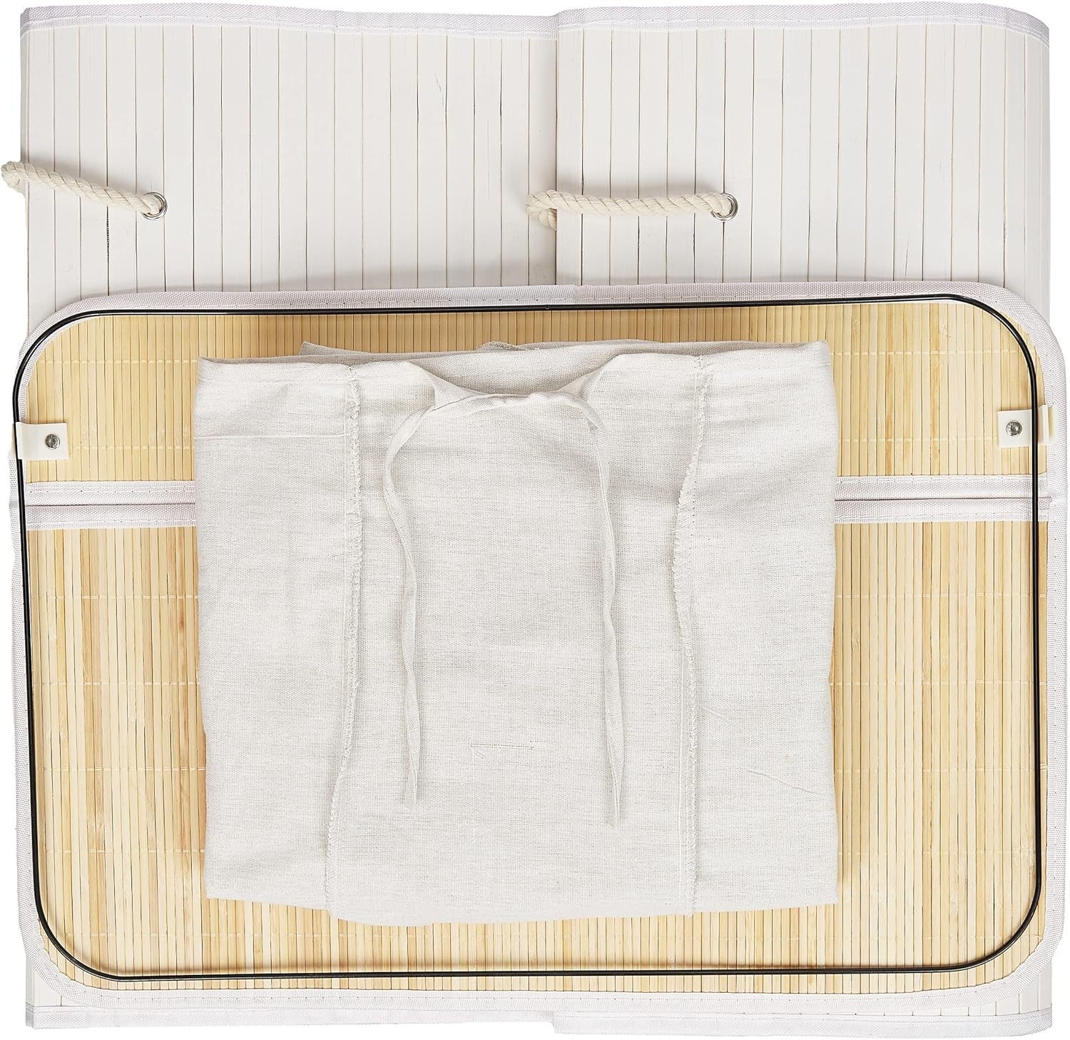 White Bamboo Laundry Basket 3-Compartment Sorter with Lid | Folding 62cm Hamper