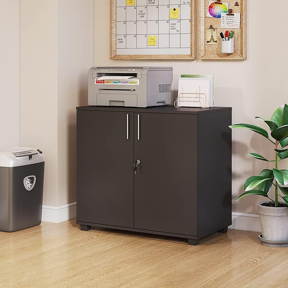 Black 2 Door Lockable Office Cabinet Wooden Filing Storage Cupboard