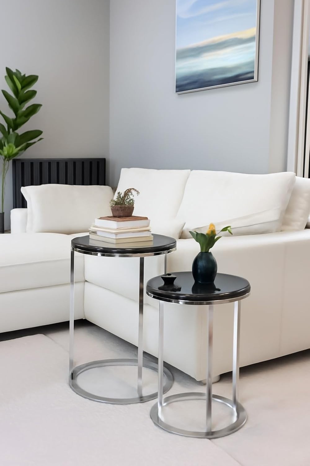 Round Nesting Tables Set of 2 Black/Chrome Metal Side End Coffee Table