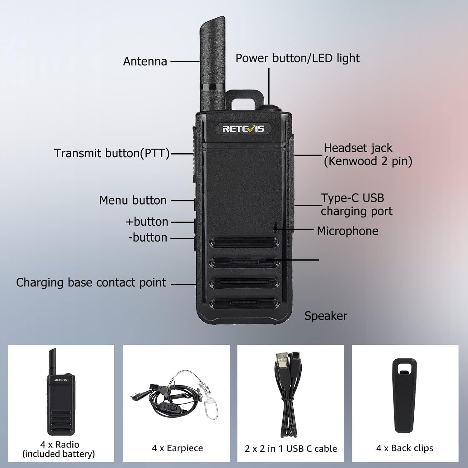 Ultra Slim Walkie Talkies 4 Pack USB-C VOX Earpiece Emergency Alarm