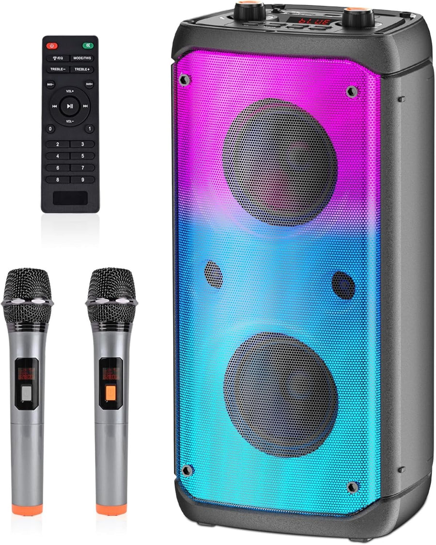 Karaoke Machine Bluetooth PA Speaker 2 Wireless Mics LED