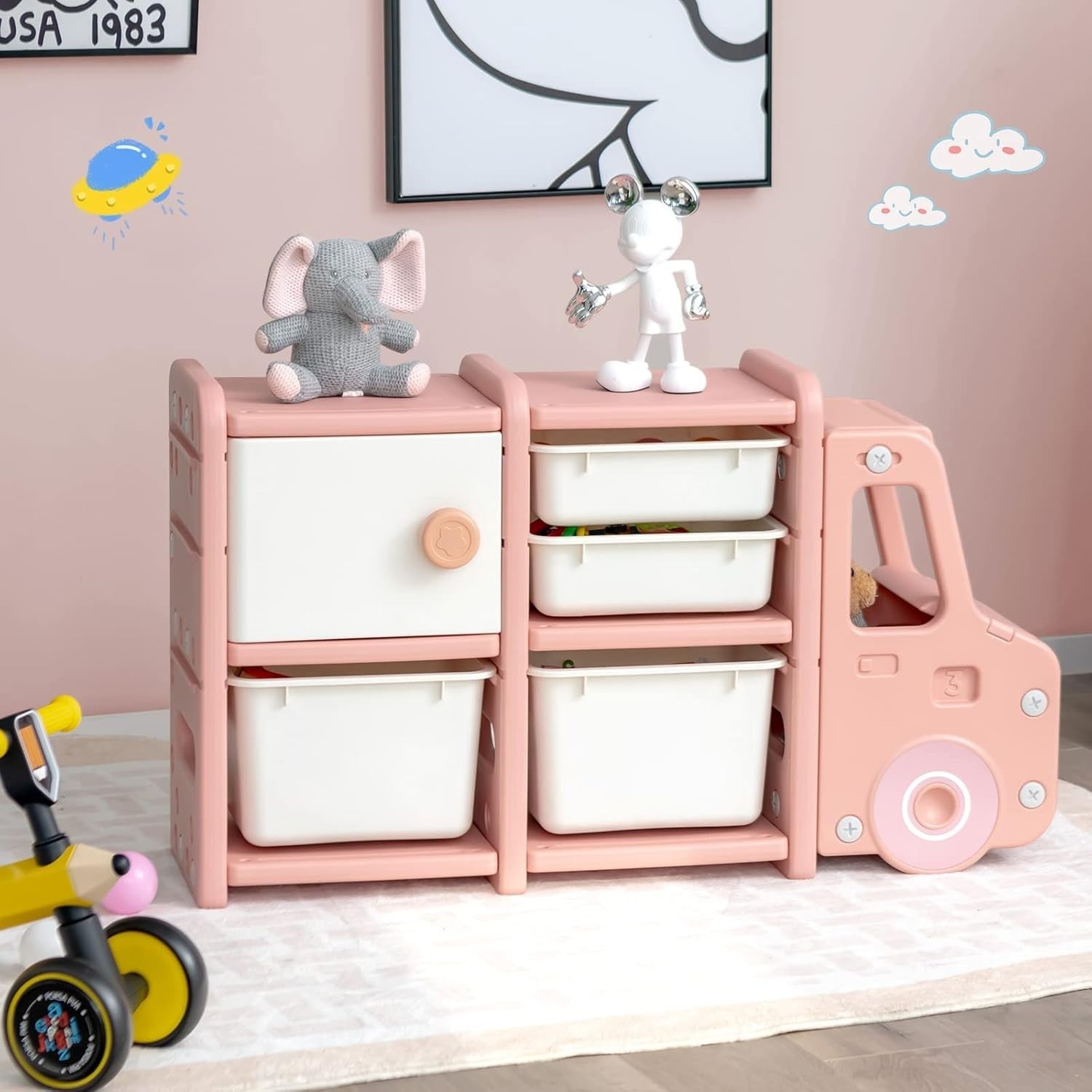 Kids Toy Storage Unit Car Shape with Bins Drawers & Cabinets 112x35x66cm