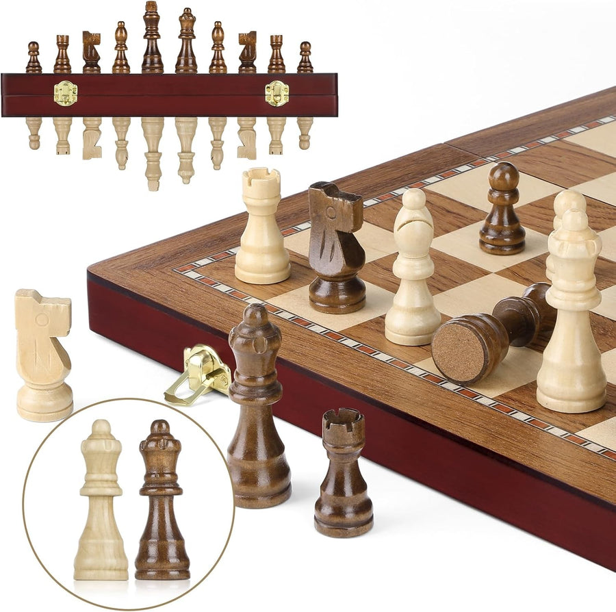38cm Magnetic Wooden Folding Chess Set with Extra Queens & Storage Box