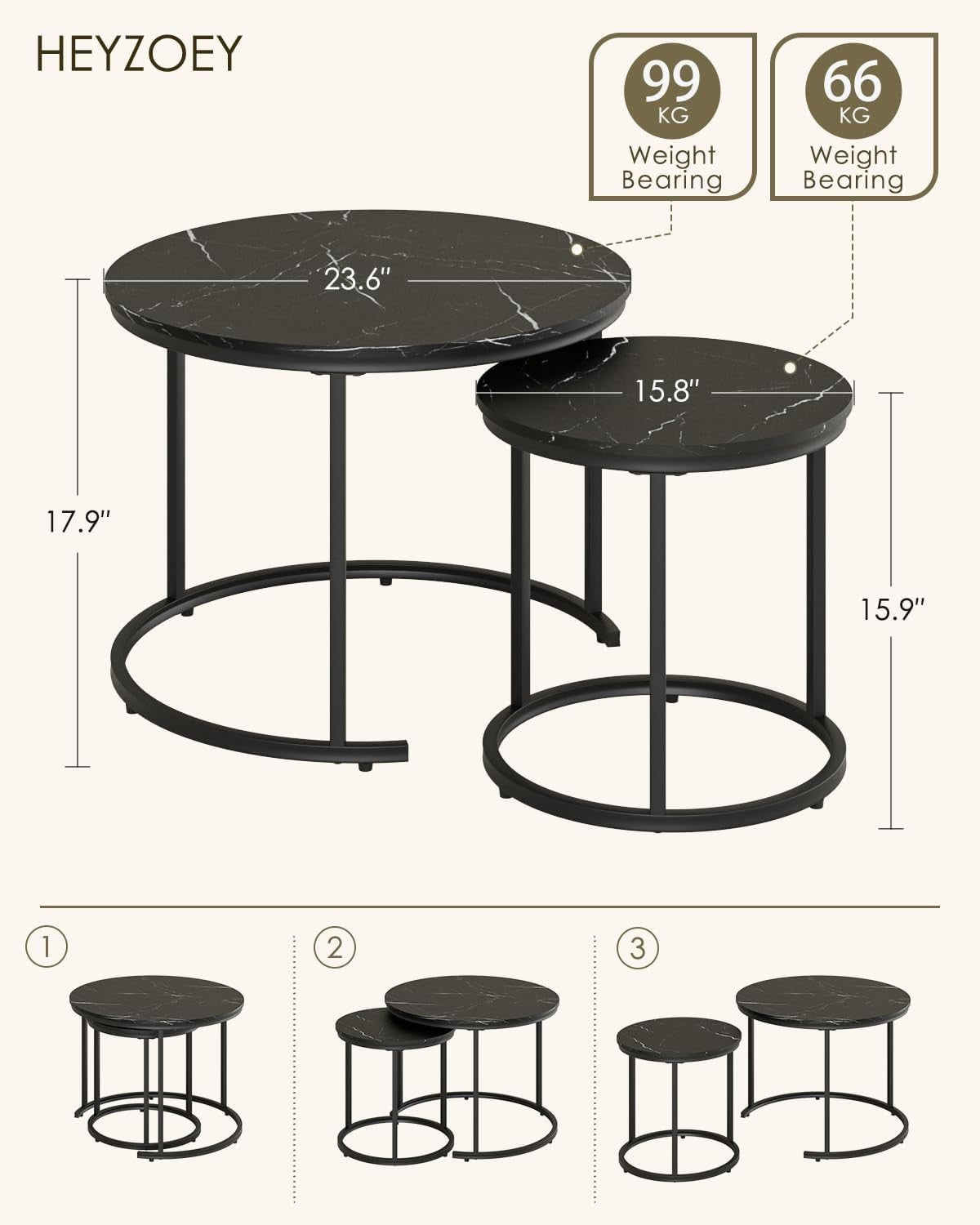 Round Nesting Coffee Tables Set of 2 – Grey Top Black Frame, Space- Black