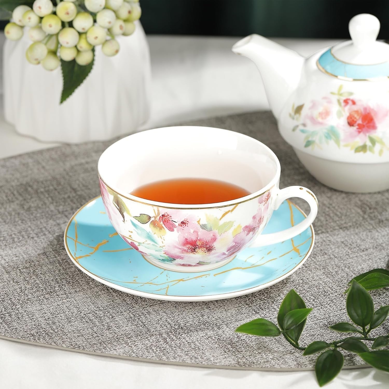 Floral Tea for One Set Porcelain Teapot Cup Saucer Gold Trim Gift