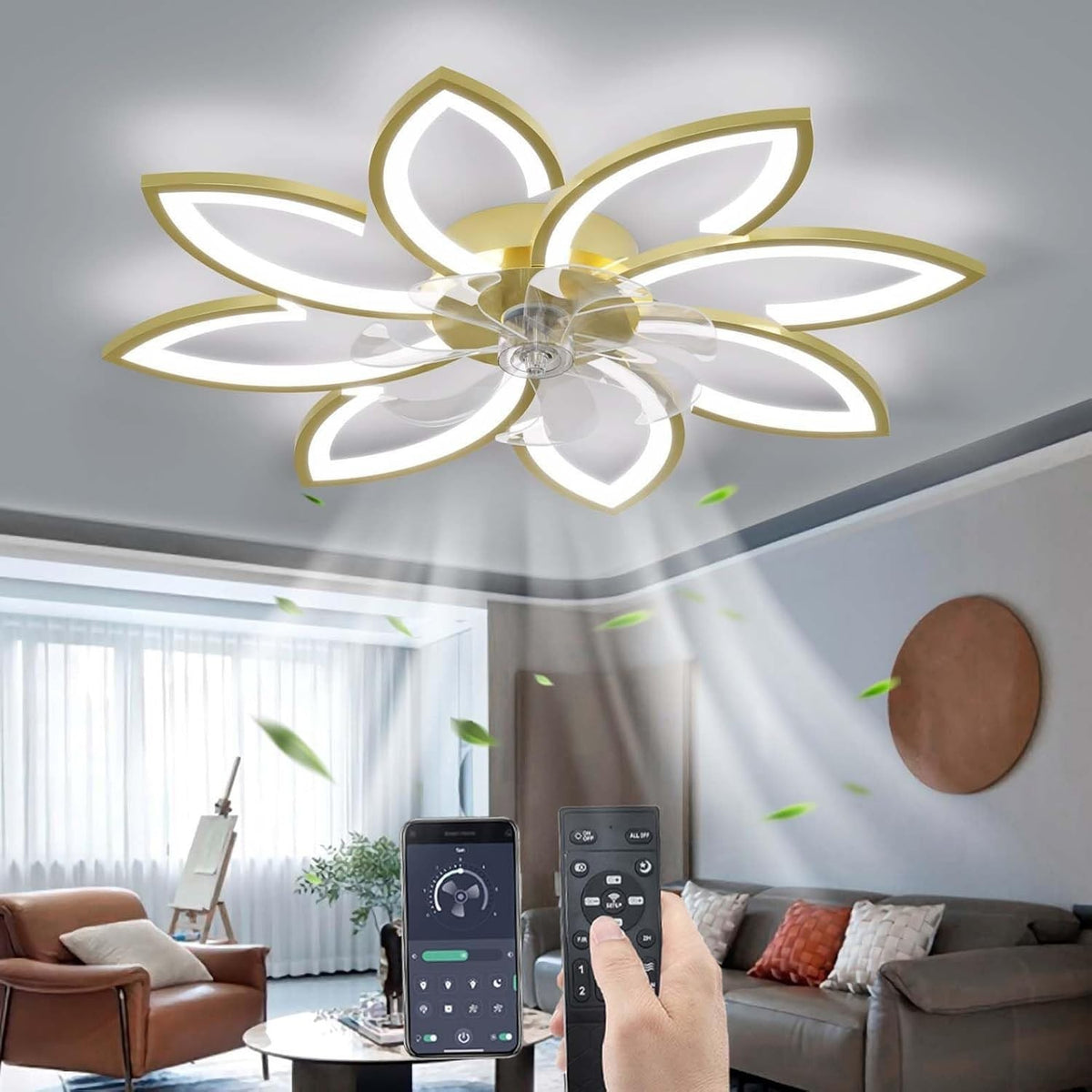 90CM Ceiling Fan with Light, 6-Speed, Remote, Silent DC, Gold, LED