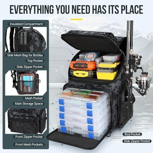 Large 45L Water-Resistant Fishing Backpack with Rod Holders & Cooler