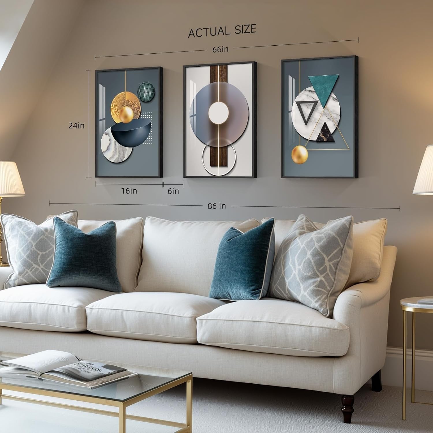 Navy Blue Geometric Circle Canvas Wall Art 3 Panels 16x24" Decor