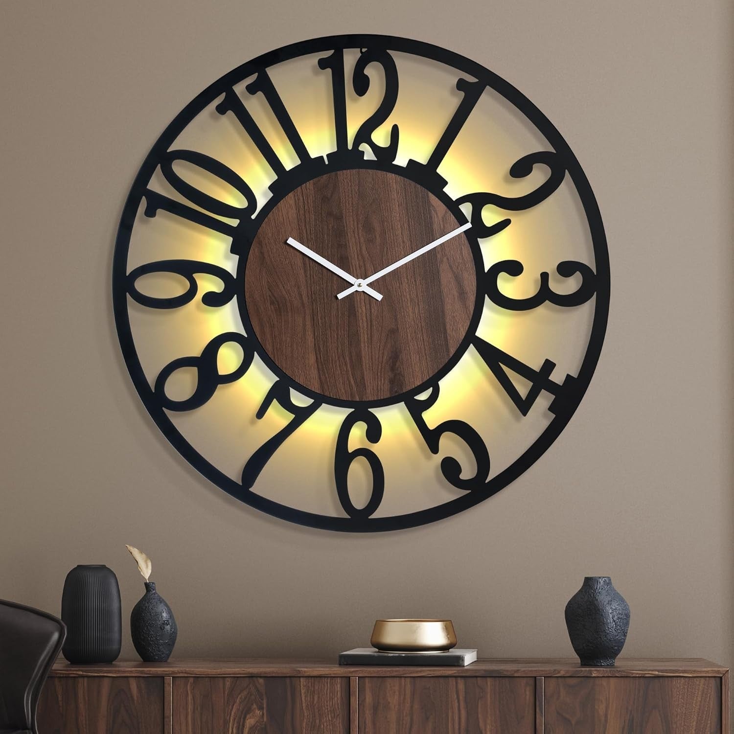 80cm Silent Wall Clock LED Sensor Light Glow Dark Modern Decor