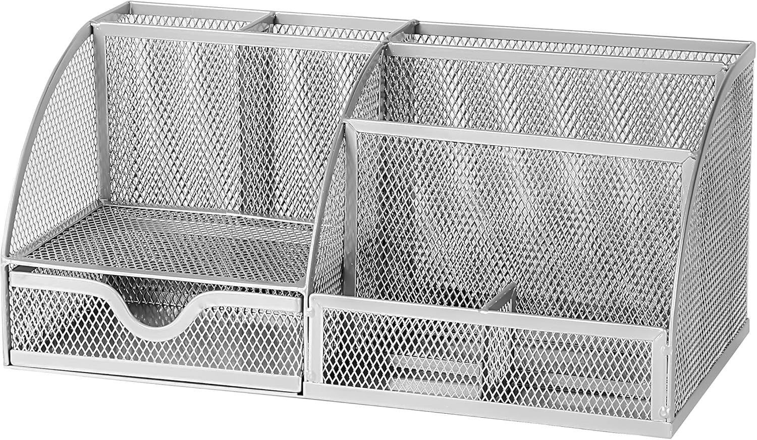 Metal Desk Organiser with 7 Compartments & Drawer – Silver 6-Pack