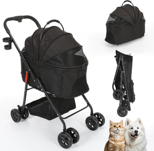Black 3 in 1 Dog Stroller Medium Pets Foldable Pushchair 4 Wheel Buggy