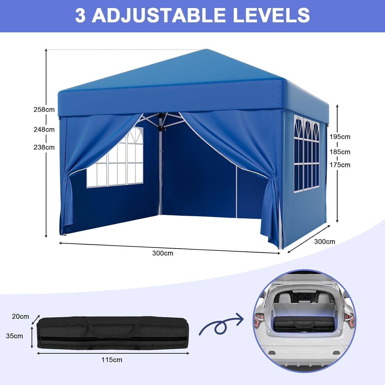 3x3M Blue Pop Up Gazebo With Removable Sidewalls Waterproof Outdoor Tent