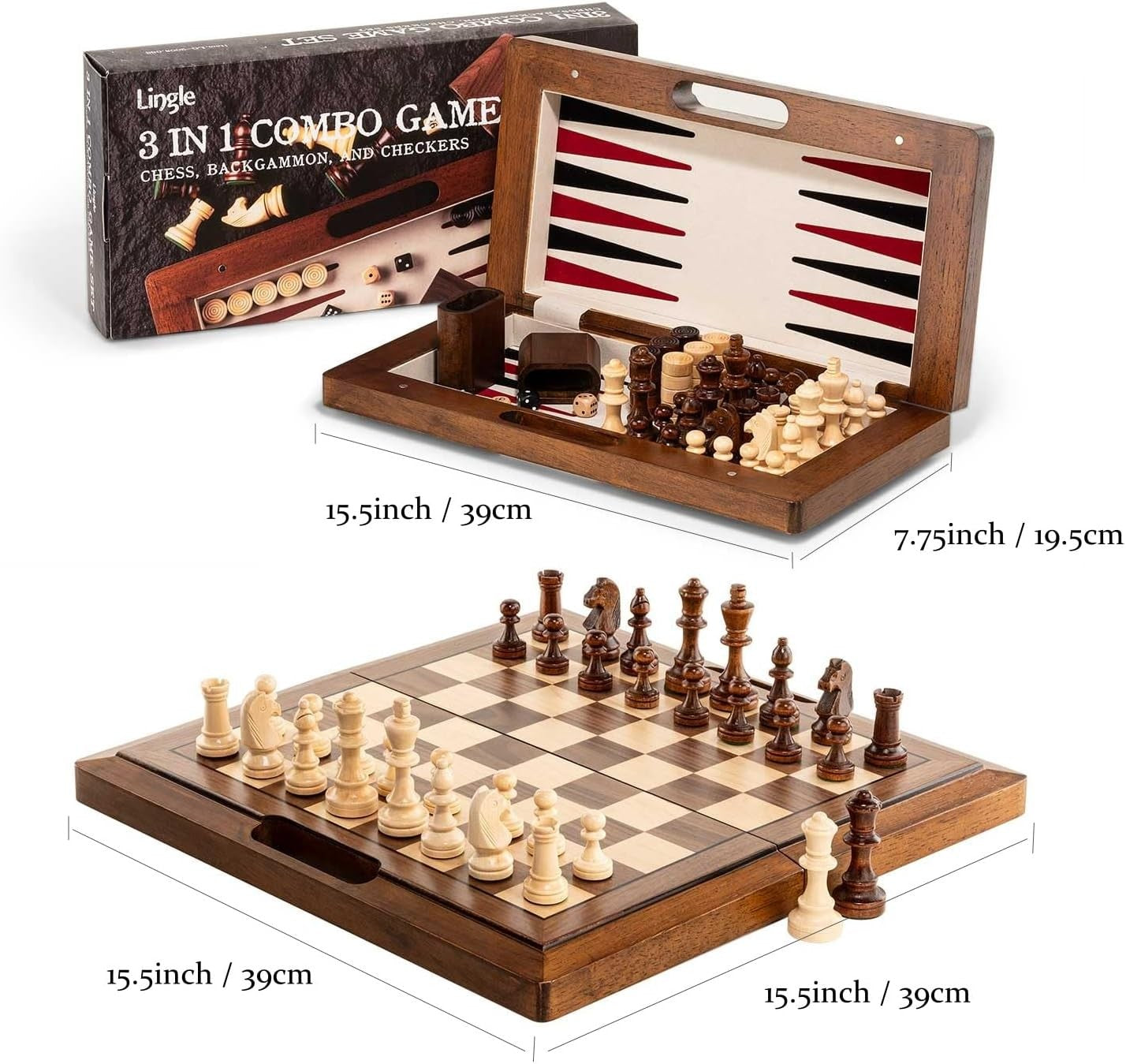 15.5" Deluxe 3-in-1 Wooden Chess Backgammon Checkers Folding Travel Set