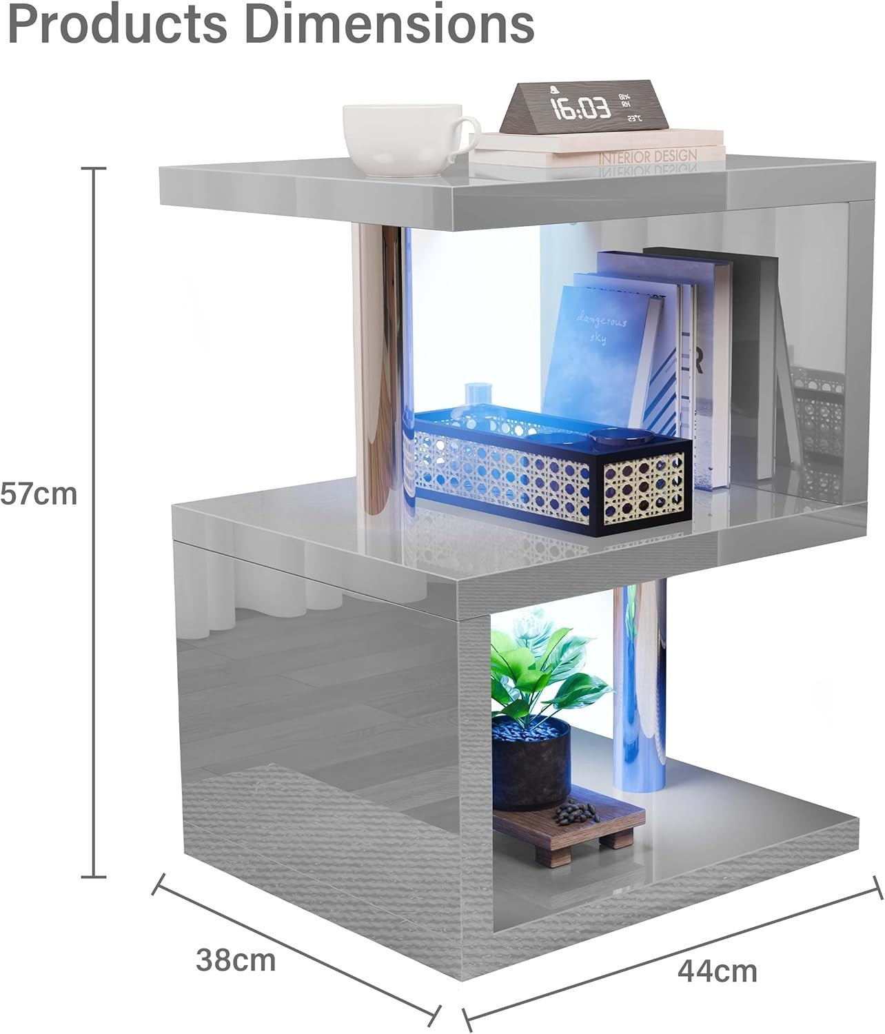 Grey Modern S-Shaped LED Side Table with RGB Lights & Storage Shelves 44x38x57cm