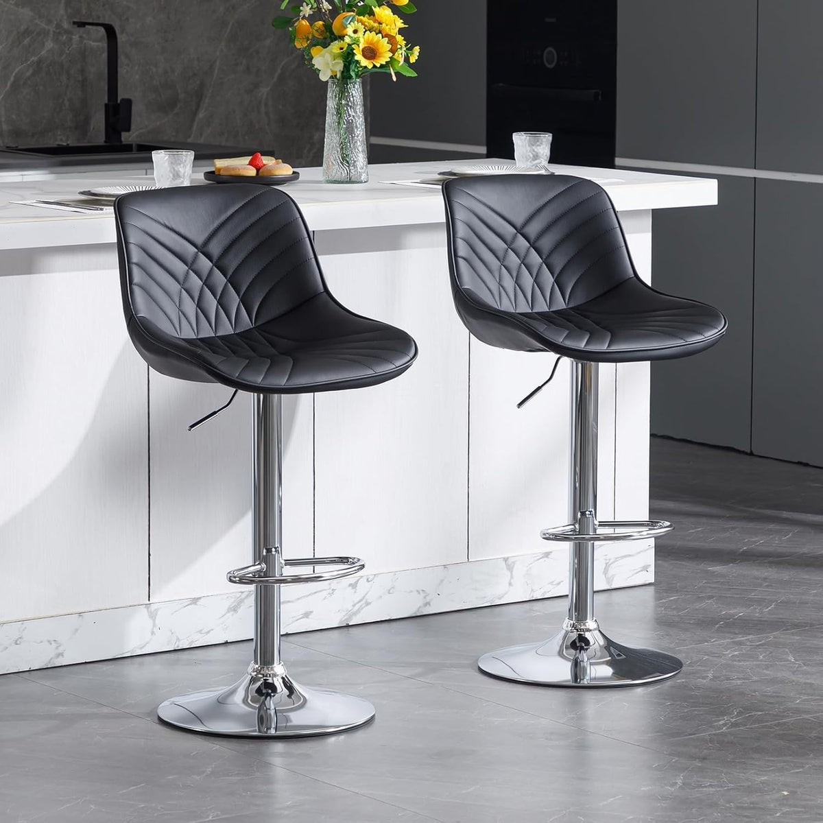 Adjustable Black Faux Leather Bar Stools Set of 2 Swivel Kitchen Counter