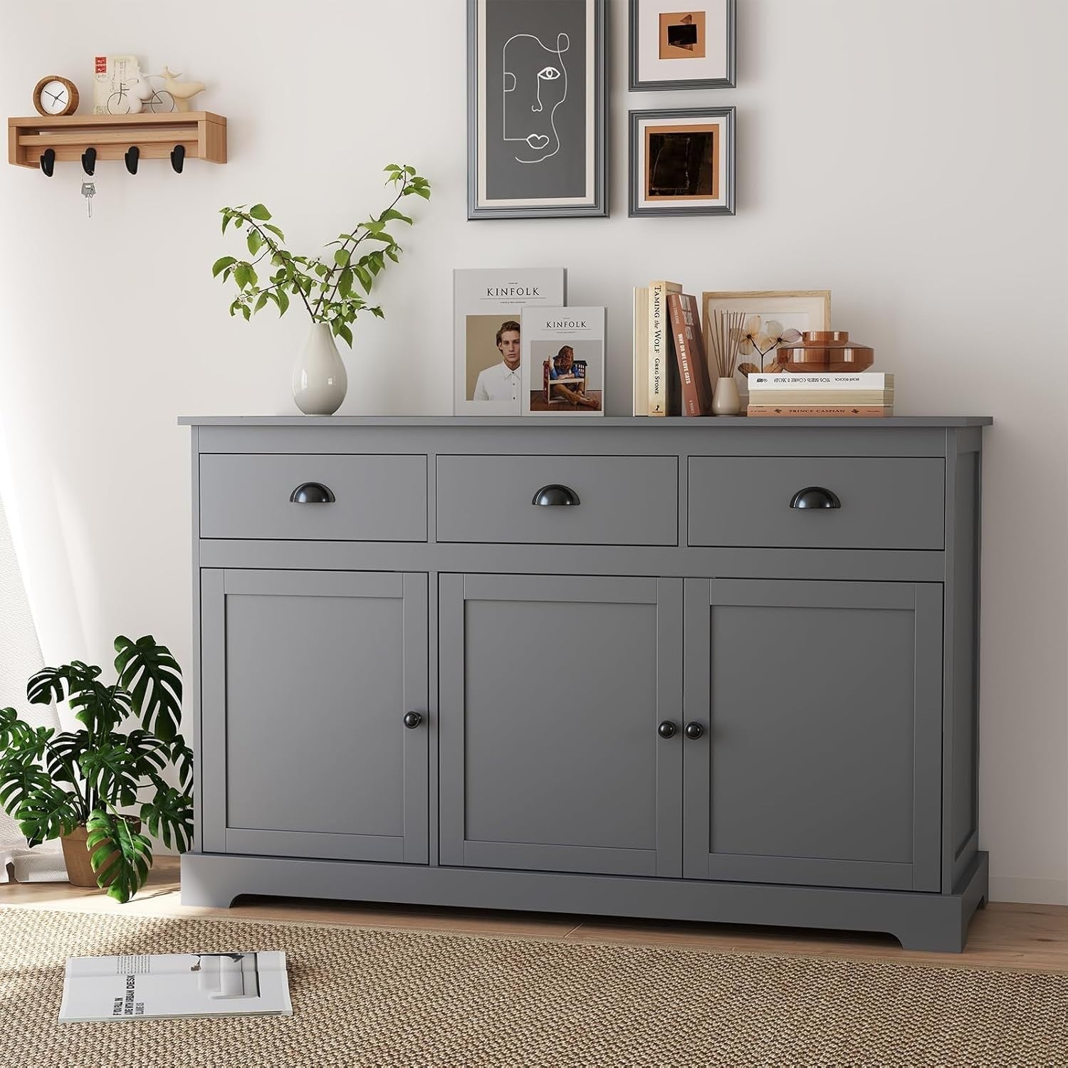 Grey Sideboard Storage Cabinet with Drawers & Adjustable Shelves Unit