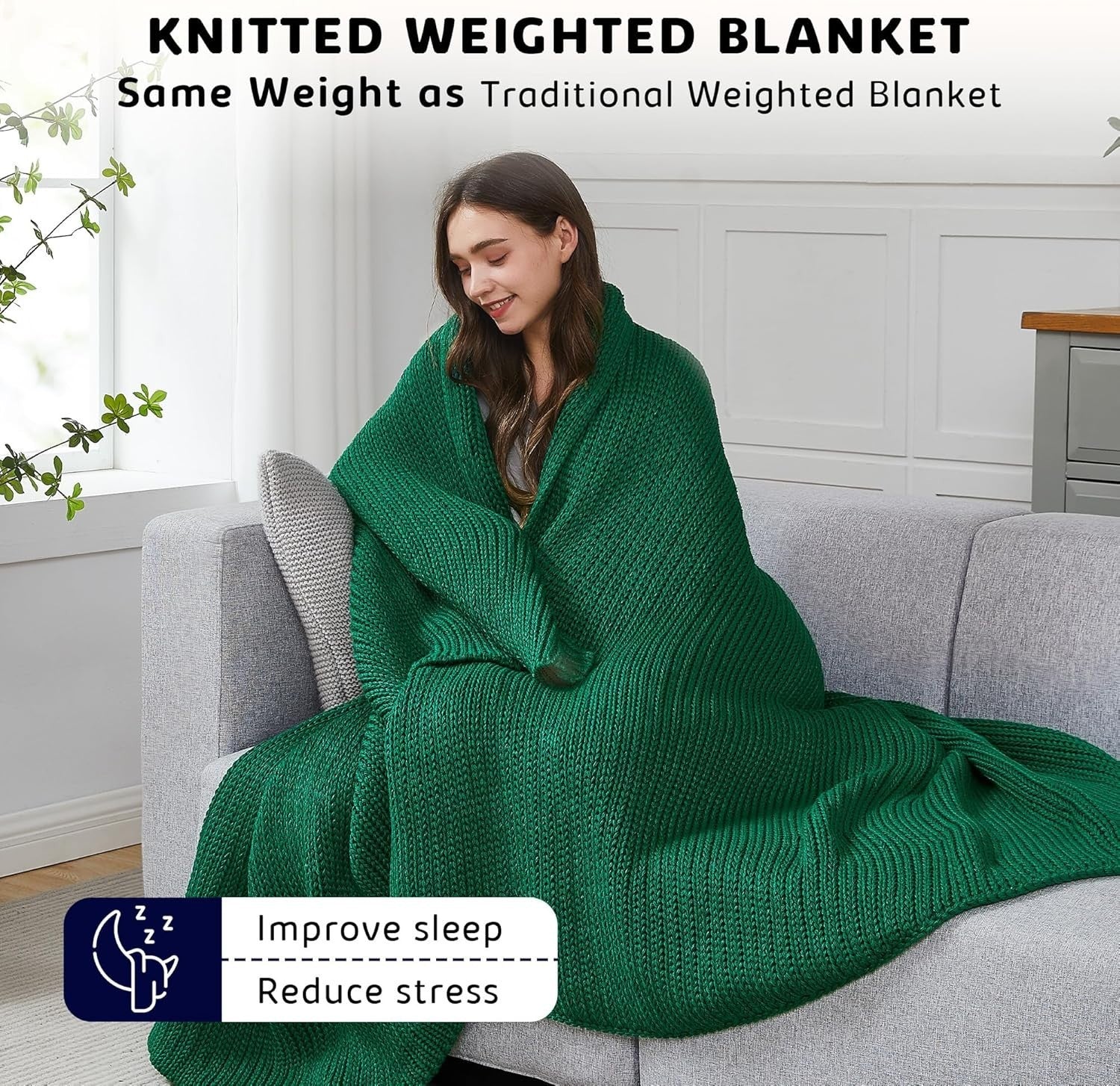 Knitted Weighted Blanket 20lbs Green Chunky Knit Heavy Throw 60"x80" No Beads