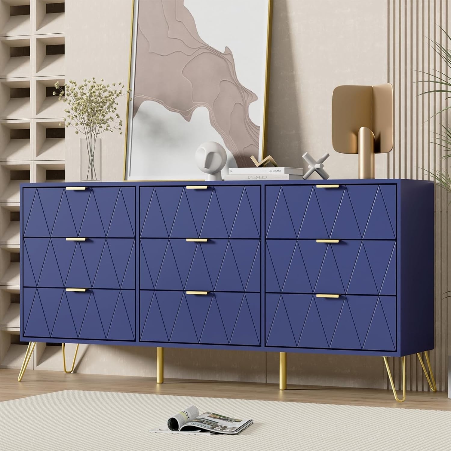 Navy Blue 9 Drawer Chest Wide Storage Cabinet Modern Dresser for Bedroom
