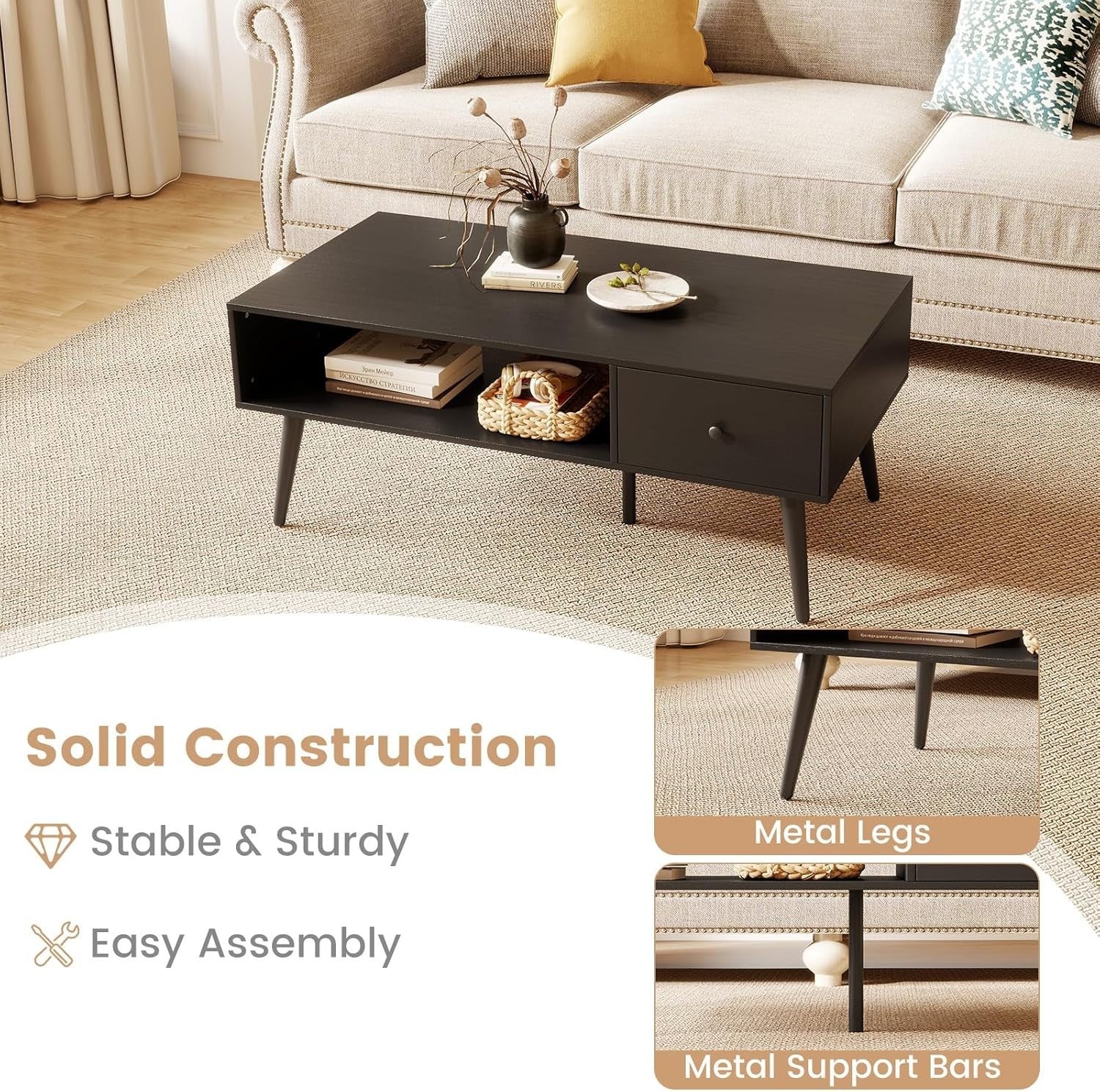 Rectangular Coffee Table with Drawer & Storage Shelf – 109x55x42 cm Black
