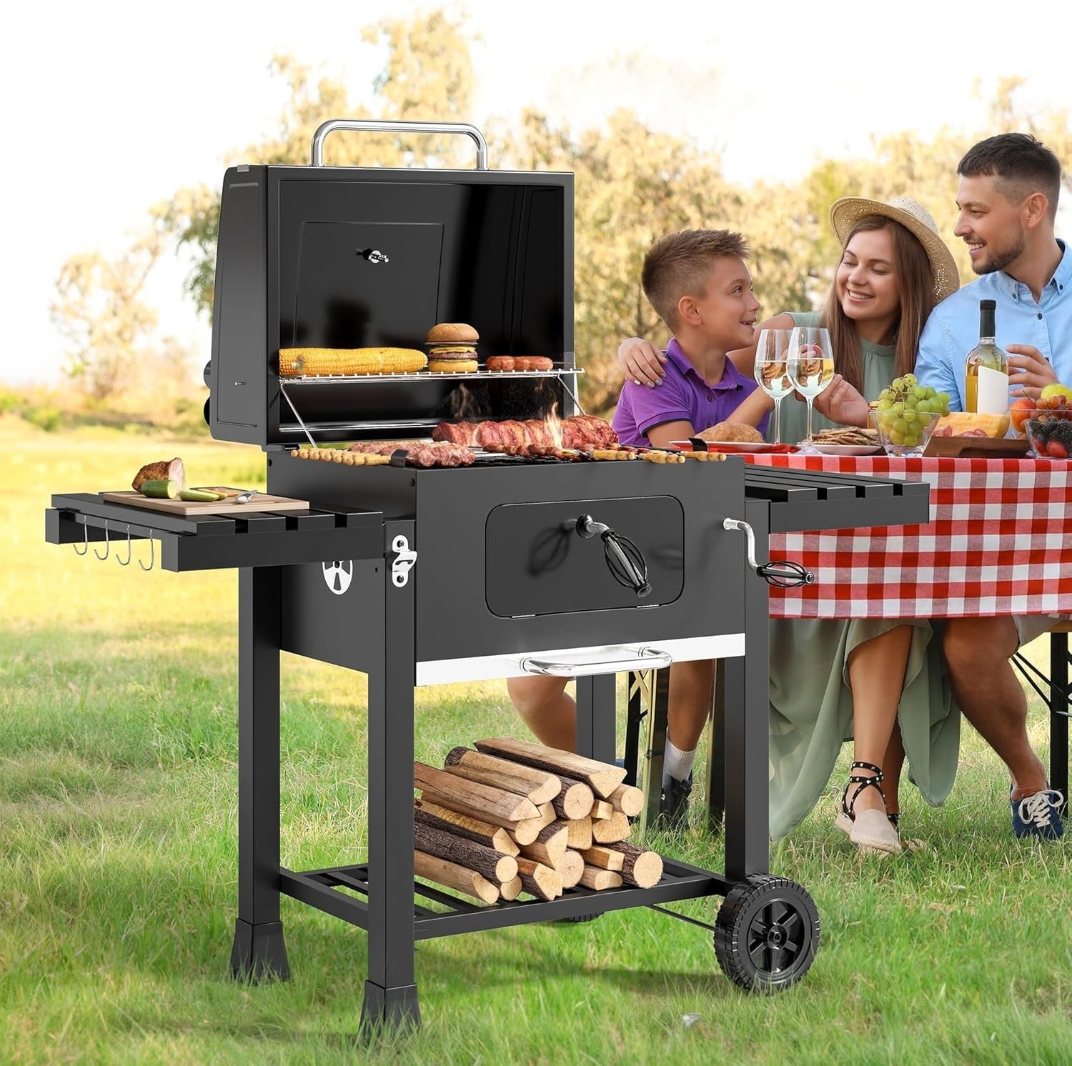 XXL Charcoal BBQ Grill Smoker with Adjustable Air Vents & Folding Tables