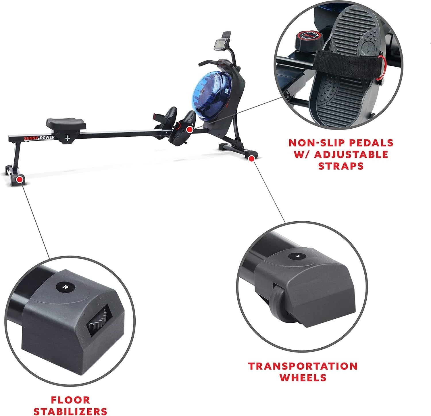 Dual Magnetic Water Rowing Machine Smart LCD App Long Rail Blue Rower 120KG