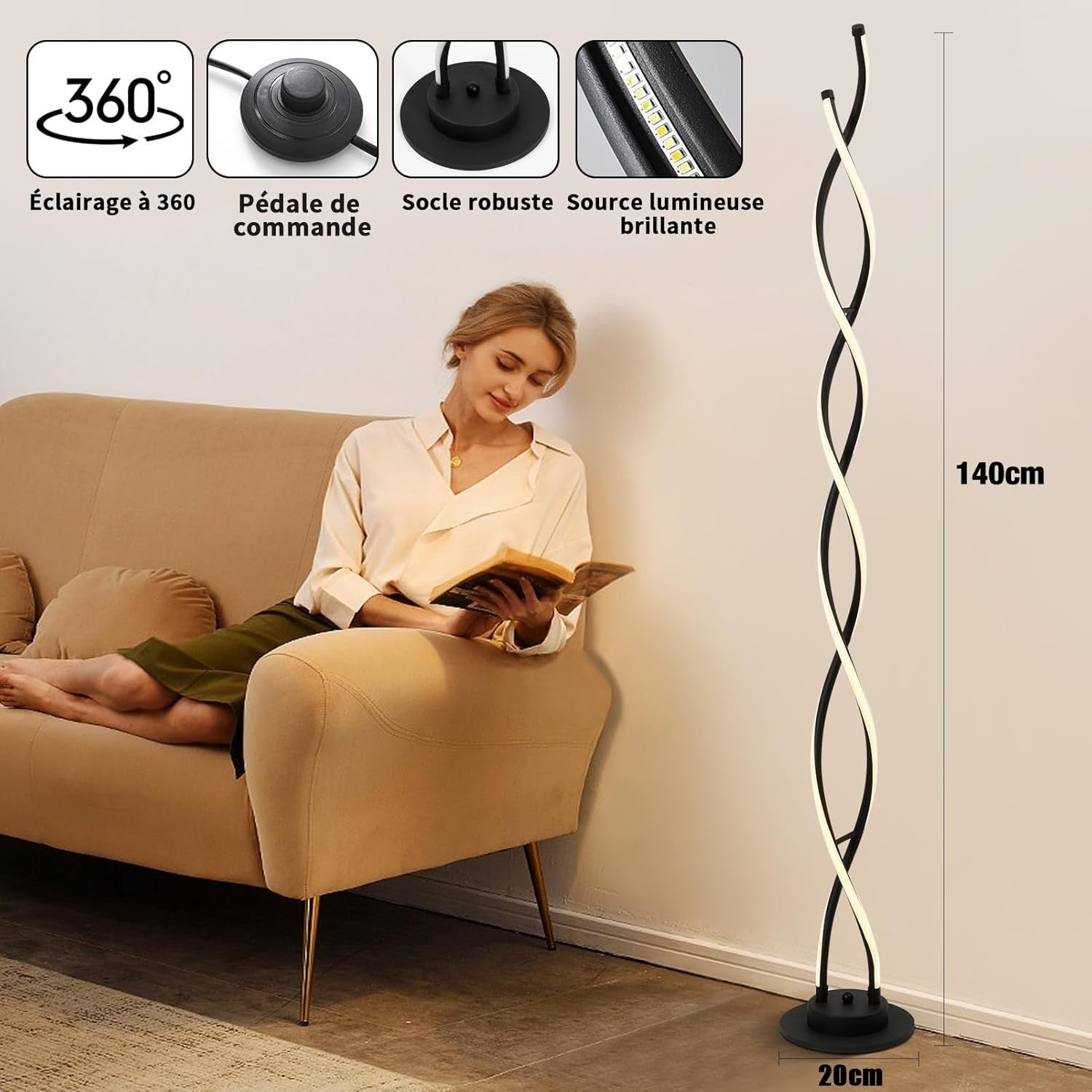 LED Floor Lamp with Remote, 3 Color Temps & 5 Brightness Levels, 55” Tall