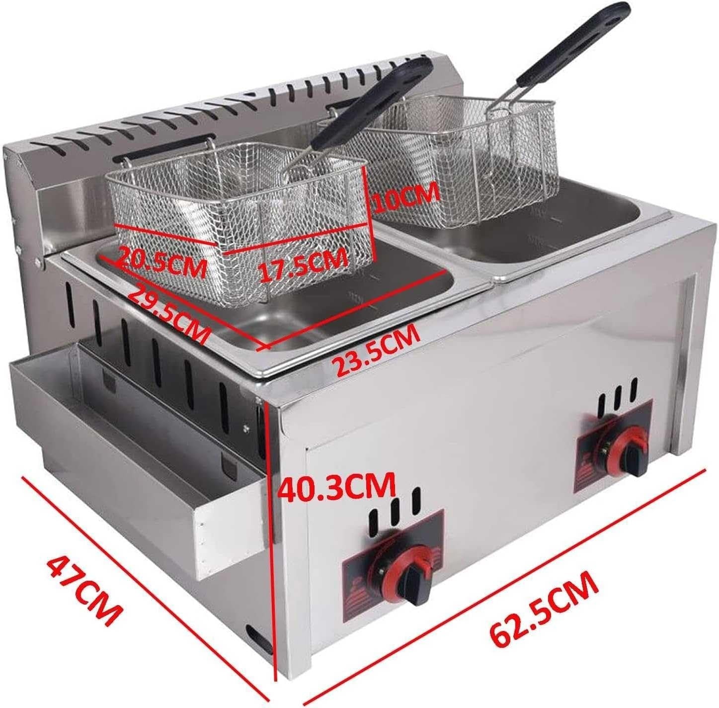 Commercial Gas Deep Fryer Double Tank 20L Countertop Temp Control
