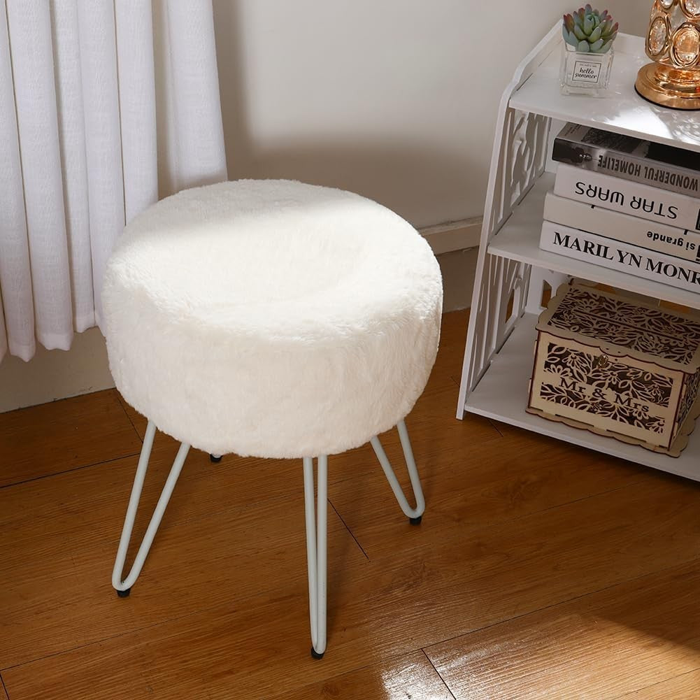 White Plush Round Vanity Stool with Metal Legs – Soft Padded Dressing Chair