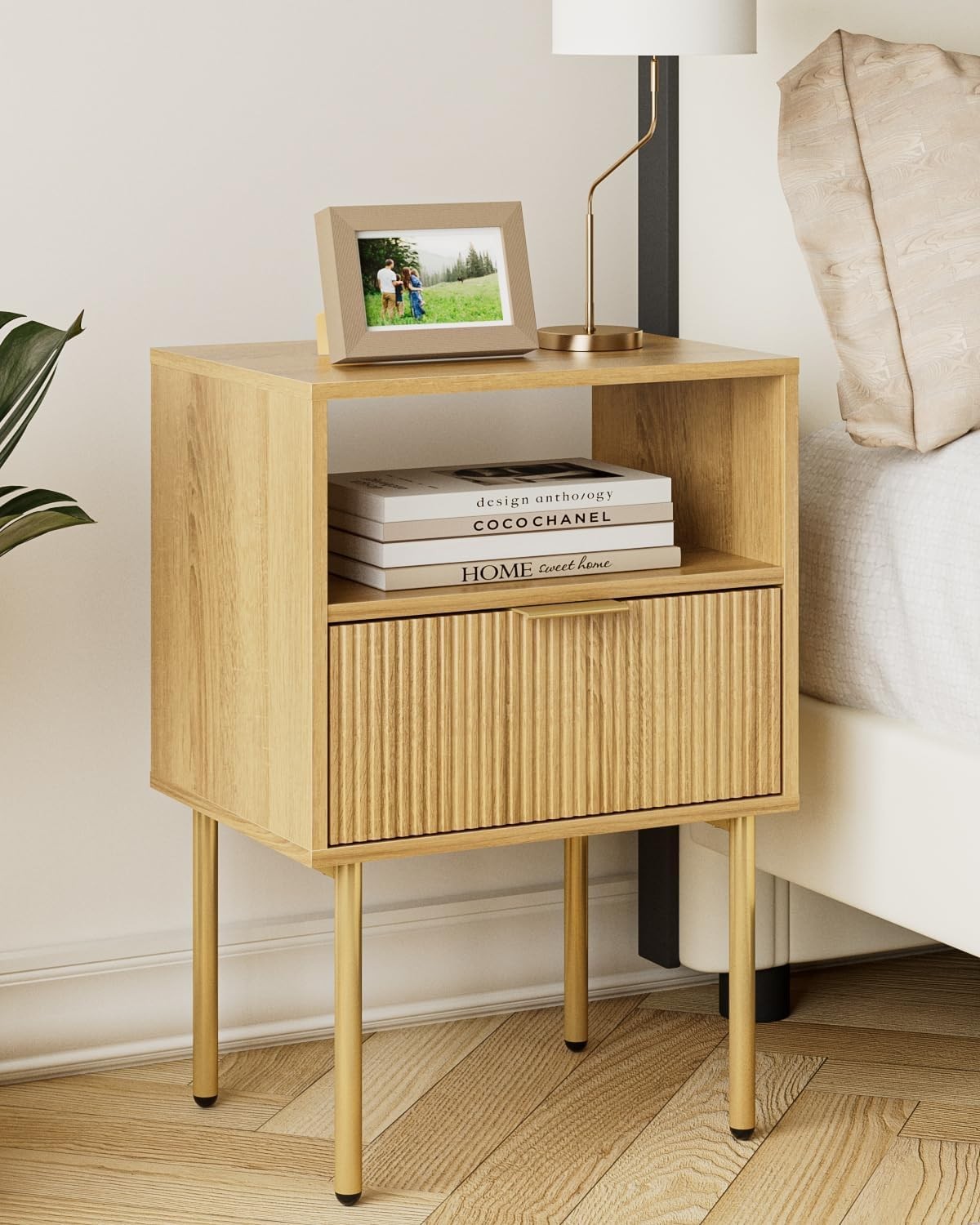 Oak Bedside Table with Drawer & Open Shelf | Modern Wooden Nightstand