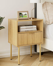 Oak Bedside Table with Drawer & Open Shelf | Modern Wooden Nightstand