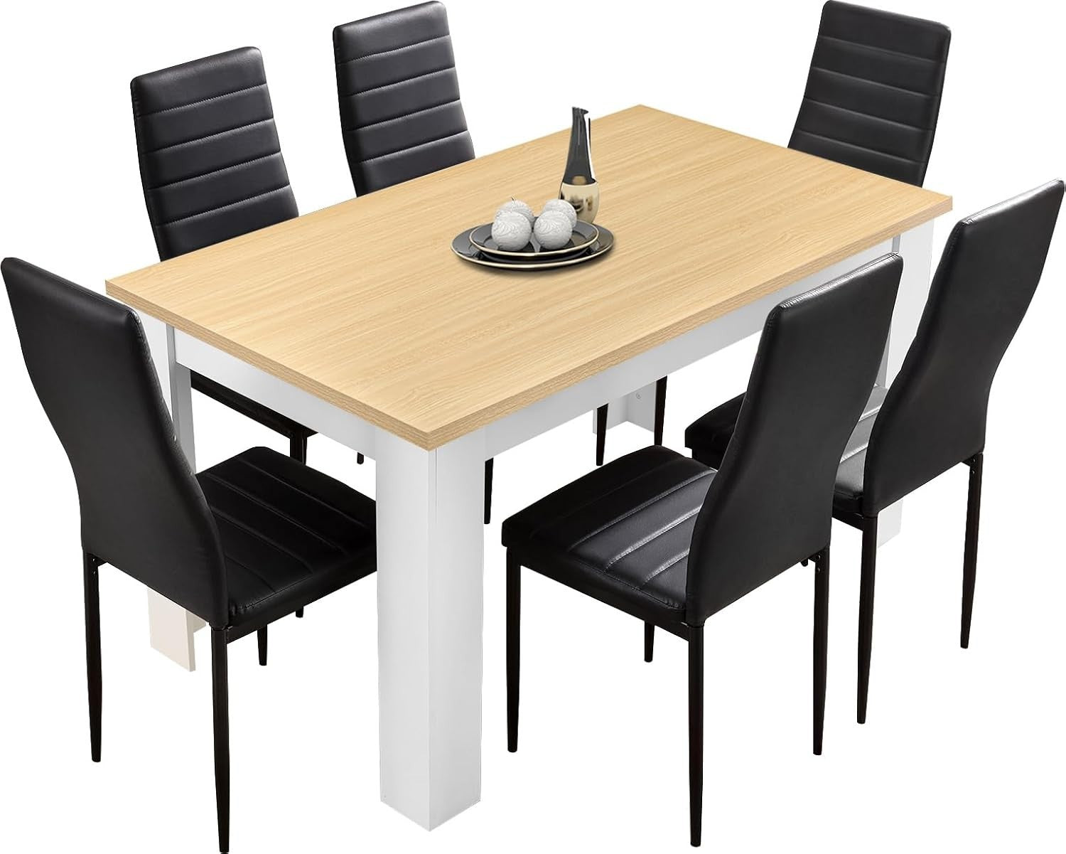 Modern 6-Seater Dining Table Set | Solid Wood Table, PU Leather Chairs