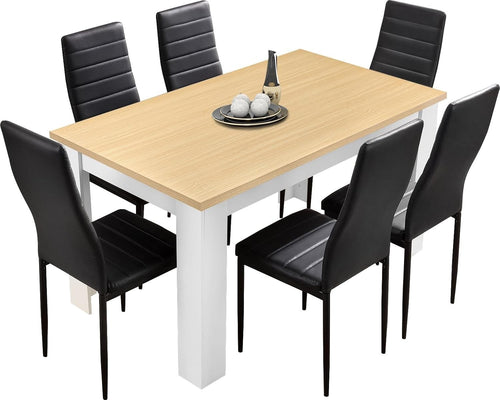 Modern 6-Seater Dining Table Set | Solid Wood Table, PU Leather Chairs
