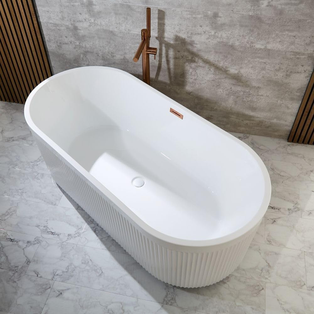 White Freestanding Double Ended Fluted Bath 1700x800mm Copper Overflow