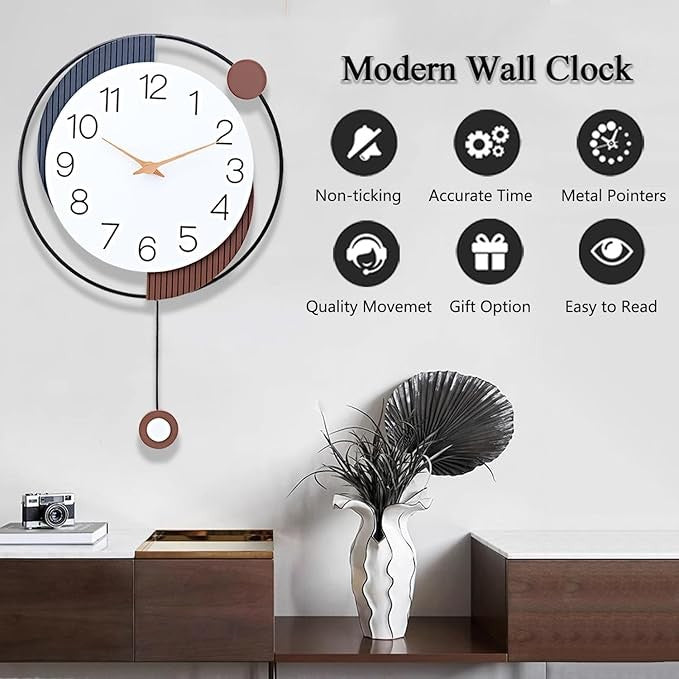Modern 20×13in Silent Pendulum Wall Clock Brown Metal Art Decor for Home