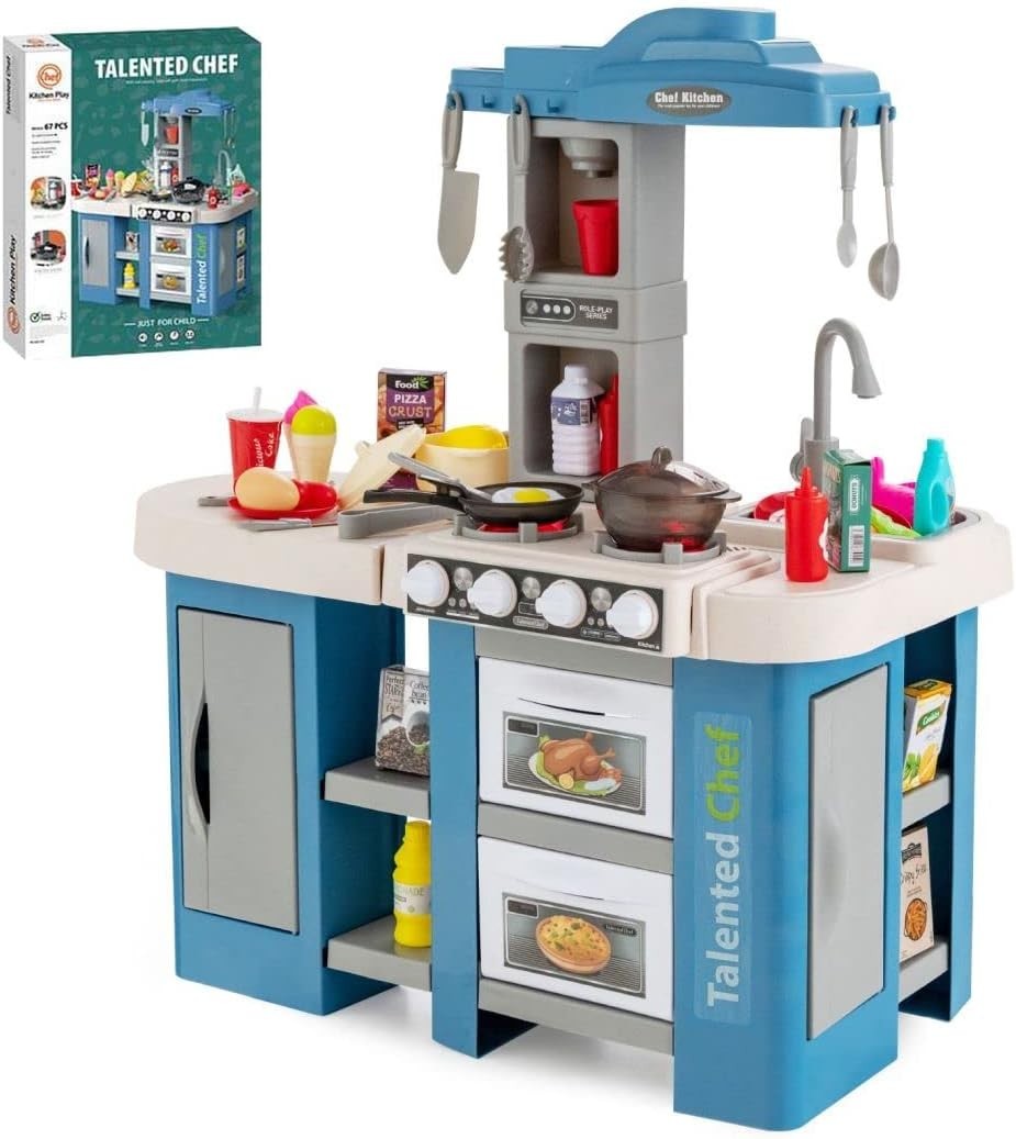 Kids Kitchen Playset w/ 67PCS Lights Sounds Steam Sink Blue Toy