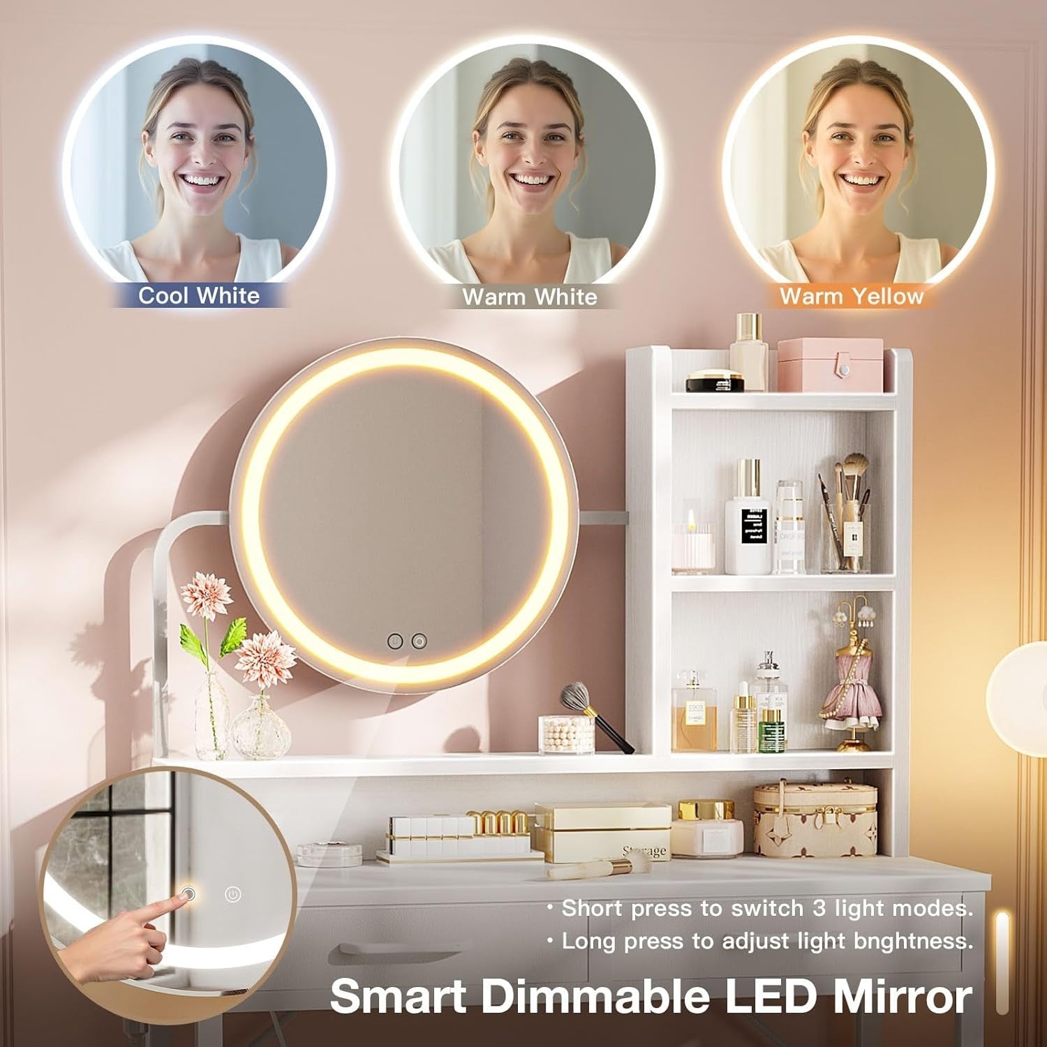 White Vanity Dressing Table Makeup Desk with LED Mirror & Storage Drawers 80cm